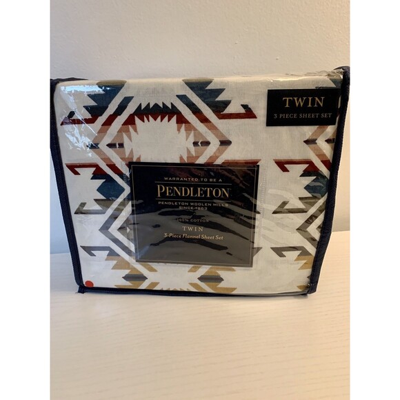 Pendleton Twin Flannel Sheet Set 3 PC Cotton Washable White S. Multi Aztec NEW - Picture 9 of 10